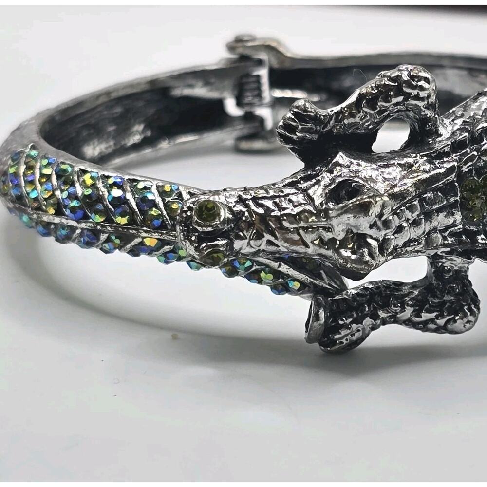 Bracelet Alligator Crocodile Green Blue Rhinestones Pave Setting Hinged Cuff - Picture 2 of 11